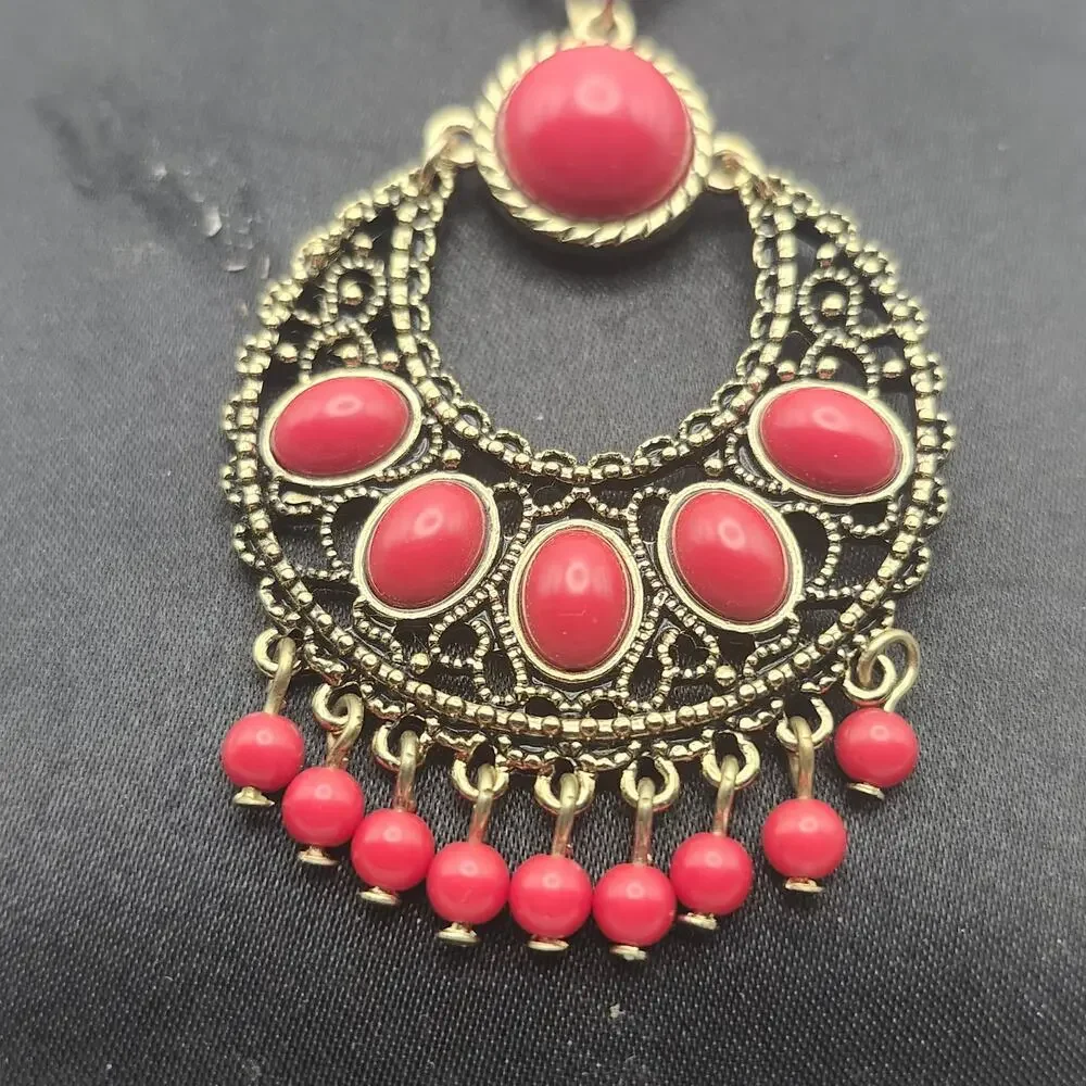 MIXIT JCPenney Red Faux Stone Bib Necklace Drop Earrings Gold Tone Boho Set Box